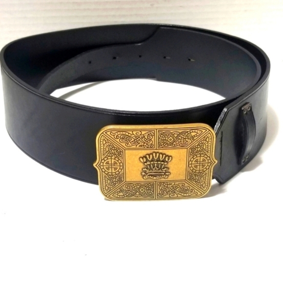 Ralph Lauren Black Leather Belt with Wide Gold Buckle Adorned With Celtic Crown. - Picture 1 of 13